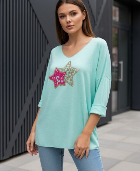 LEICHTER LOCKERER PULLOVER DOPPELTER STERN BEFLOCKUNG PE0264 PASTELLGRÜN