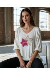 MAGLIONE LEGGERO E AMPIO CON FLOCCAGGIO A DOPPIA STELLA PE0264 BIANCO