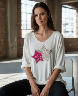 LIGHTWEIGHT LOOSE SWEATER WITH DOUBLE STAR FLOCKING PE0264 WHITE