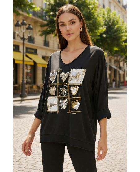 T-SHIRT COTON-LIN BI-MATIERE SMILE PE0818 NOIR