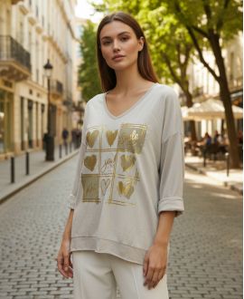 CAMISETA SMILE BIMATERIAL DE ALGODÓN-LINO PE0818 BEIGE