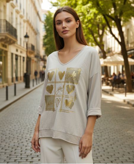 SMILE BI-MATERIAL COTTON-LINEN T-SHIRT PE0818 BEIGE