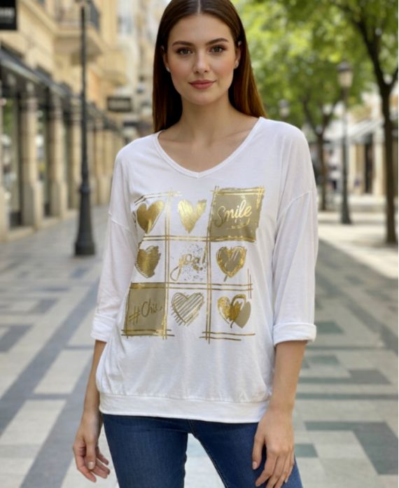 SMILE BI-MATERIAAL KATOEN-LINNEN T-SHIRT PE0818 WIT