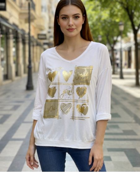 T-SHIRT COTON-LIN BI-MATIERE SMILE PE0818 BLANC