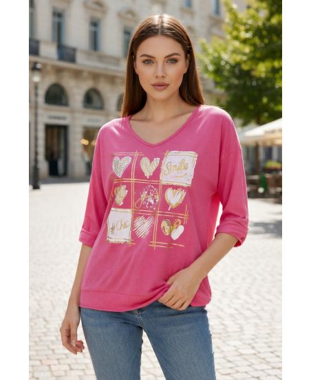 SMILE BI-MATERIAL BAWEŁNIANO-LNIANA KOSZULKA PE0818 FUSHIA