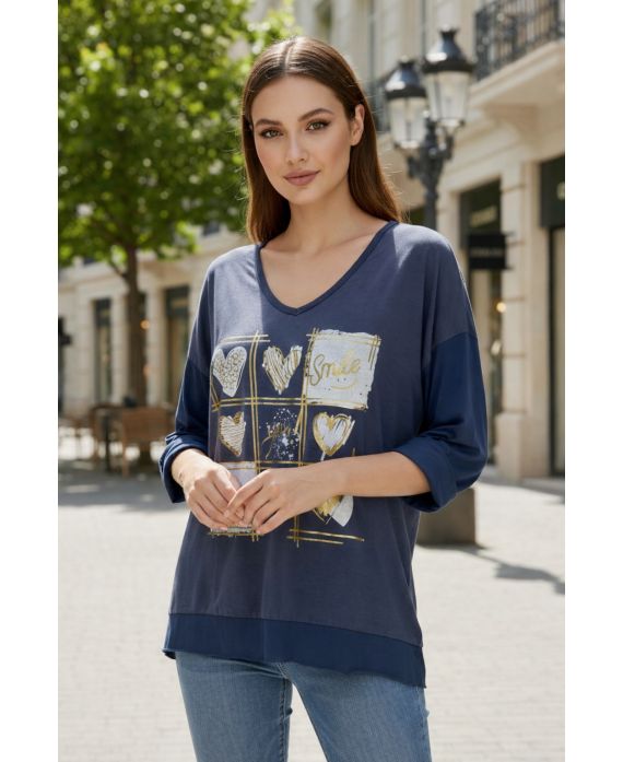 CAMISETA SMILE DOBLE MATERIAL ALGODÓN-LINO PE0818 AZUL MARINO