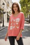 SMILE BI-MATERIAL COTTON-LINEN T-SHIRT PE0818 CORAL