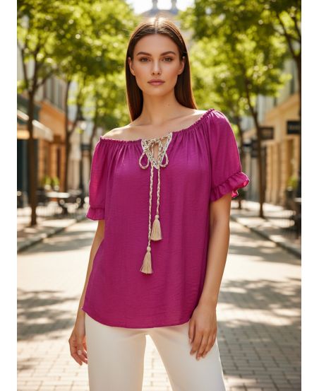 PE2412 ELASTICATED NECKLINE TOP FUSHIA