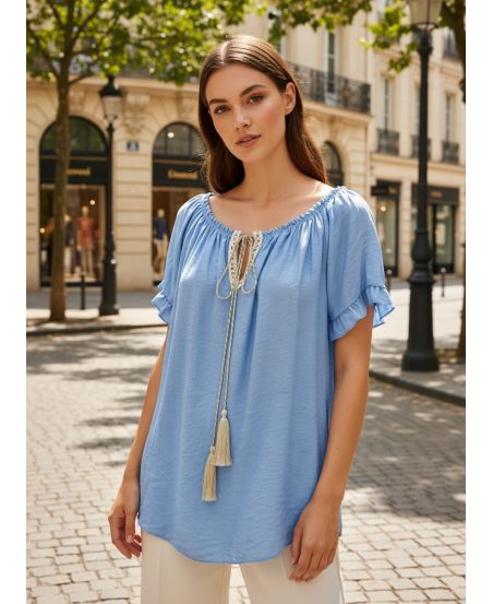 TOP MET ELASTISCHE HALSLIJN PE2412 HEMELSBLAUW