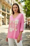 SMILE BI-MATERIAAL KATOEN-LINNEN T-SHIRT PE0818 ROZE