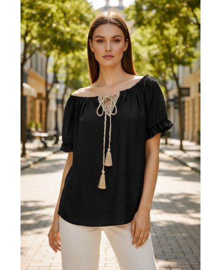 ELASTICATED NECKLINE TOP PE2412 BLACK