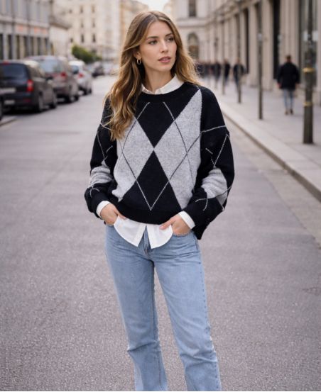 MAGLIONE A MAGLIA DI DIAMANTI PE2115 NERO