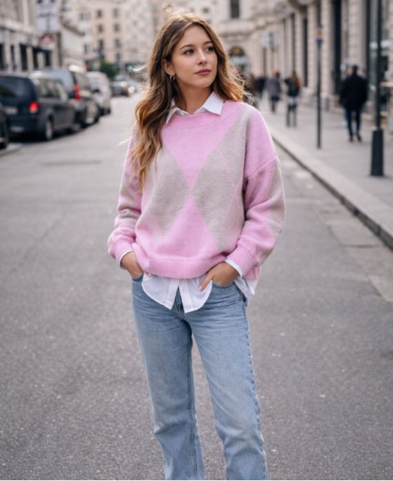 DIAMENTOWY SWETER DZIANINOWY PE2115 RÓŻOWY