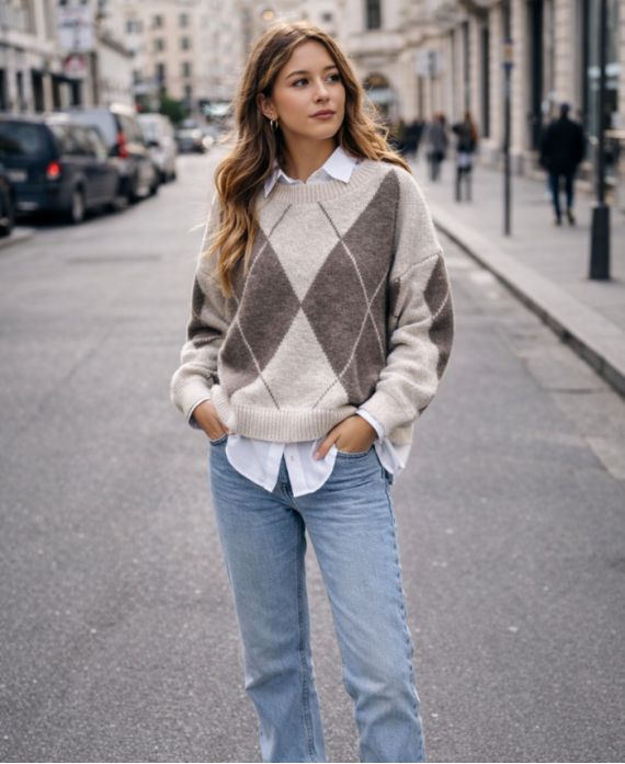 PULL EN MAILLE LOSANGES PE2115 BEIGE