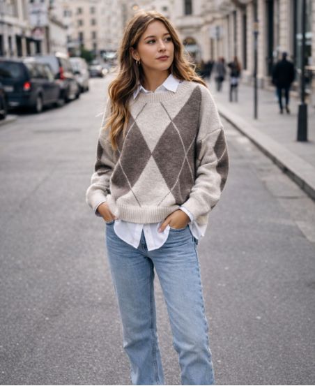 PE2115 DIAMENTOWY SWETER DZIANINOWY BEŻOWY