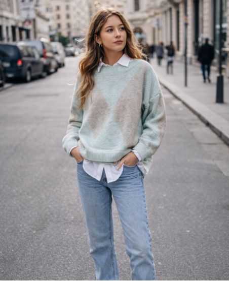 MAGLIONE A MAGLIA VERDE DIAMANTI PE2115