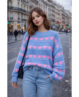 PULL MAILLE COEURS PE2163 BLEU