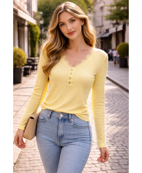 PE2174 TOP A COSTE GIALLE CON COLLO SEGHETTATO