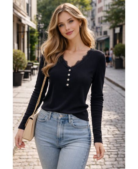 PE2174 TOP NERO A COSTE CON COLLO SEGHETTATO