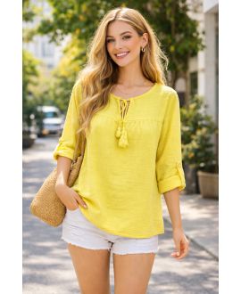 TÚNICA DE ALGODÓN CON POMPONES PE2168 AMARILLO