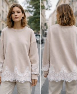 SWEAT OVERSIZE DENTELLE PE2181 BEIGE