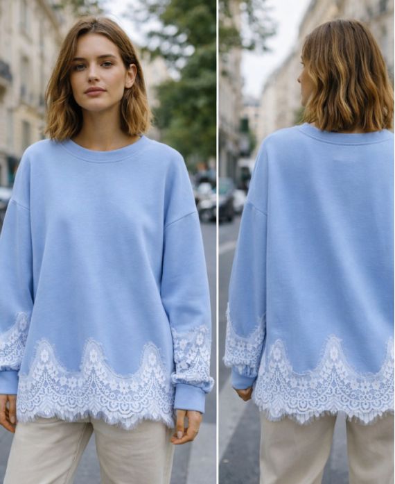 SUDADERA DE ENCAJE OVERSIZE PE2181 AZUL CELESTE