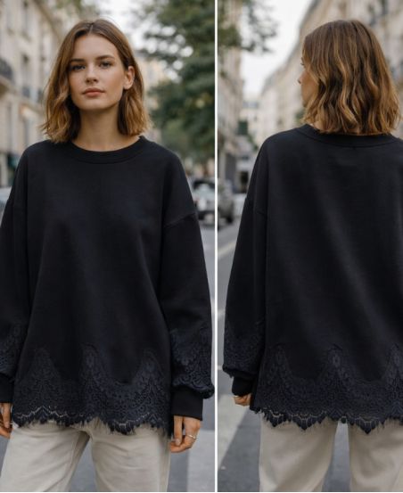 SWEAT OVERSIZE DENTELLE PE2181 NOIR