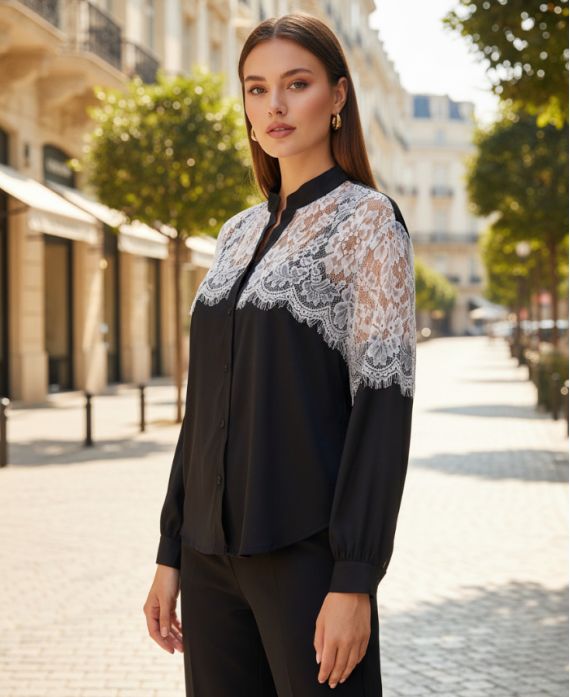 CAMICIA DI PIZZO PE2190 NERO/BIANCO