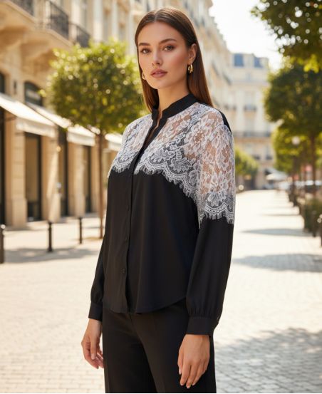 CAMISA DE ENCAJE PE2190 NEGRO/BLANCO