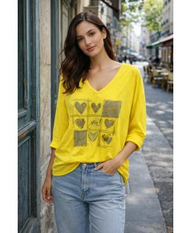 T-SHIRT COTON-LIN BI-MATIERE SMILE PE0818 JAUNE