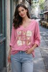T-SHIRT SMILE BI-MATERIALE COTONE-LINO PE0818 ROSA