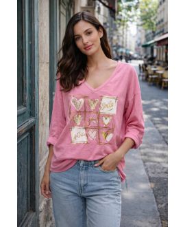T-SHIRT SMILE BI-MATERIALE COTONE-LINO PE0818 ROSA