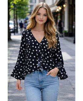 POLKADOTBLOUSE EN RUCHES CASCADES PE2206 ZWART