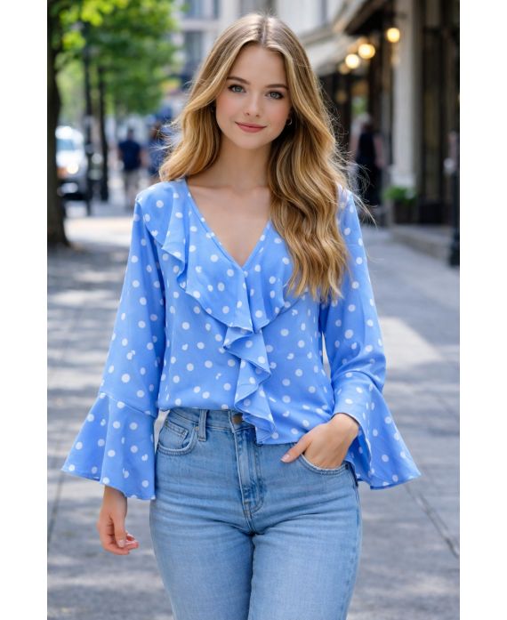 GEPUNKTETE BLUSE UND RÜSCHENKASKADEN SS2206 HIMMELBLAU