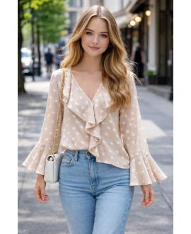 BLOUSE A POIS ET VOLANT CASCADES PE2206 BEIGE