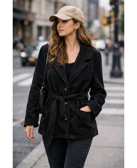 CHAQUETA DE ANTE 2 BOLSILLOS + CINTURÓN AH250631 NEGRO