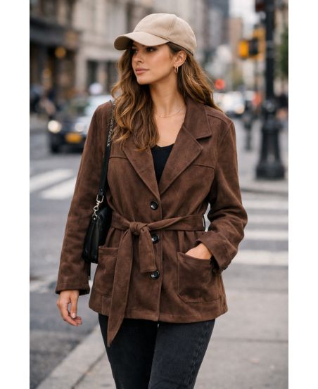 CHAQUETA DE ANTE DE 2 BOLSILLOS + CINTURÓN AH250631 CHOCOLATE