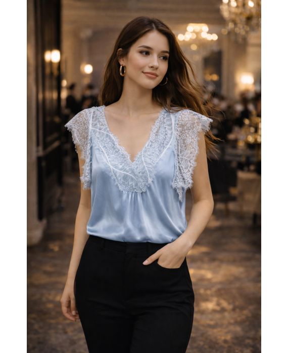 PE2200 HIMMELBLAUES LANGES SPITZEN-SATINOBERTEIL