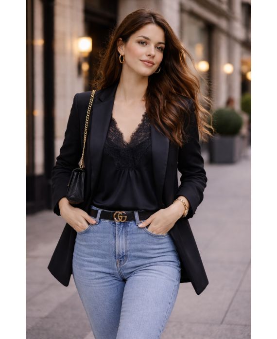 TOP LARGO DE SATÉN CON ENCAJE PE2200 NEGRO