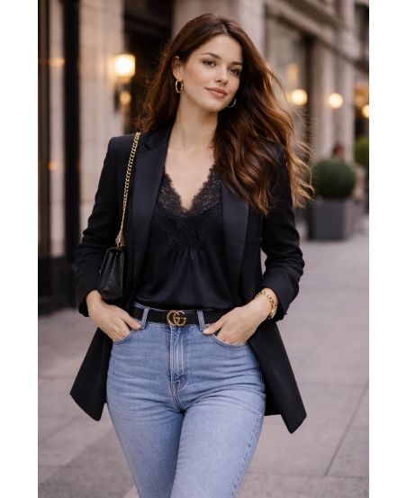 TOP LUNGO IN RASO CON PIZZO PE2200 NERO