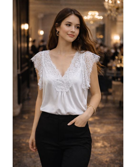 TOP LARGO DE SATÉN CON ENCAJE PE2200 BLANCO