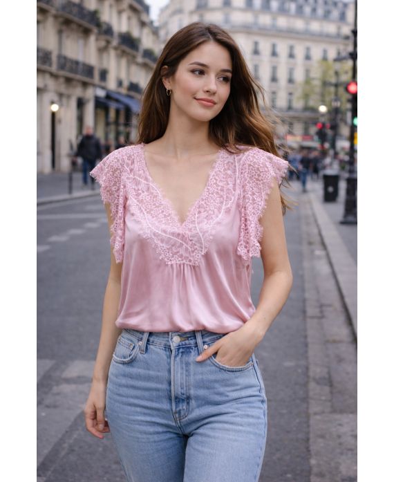 CAMISETA LARGA DE SATÉN CON ENCAJE PE2200 ROSA