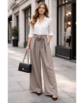 SPODNIE Z SZEROKIMI NOGAWKAMI W SMOCKU PE2216 TAUPE