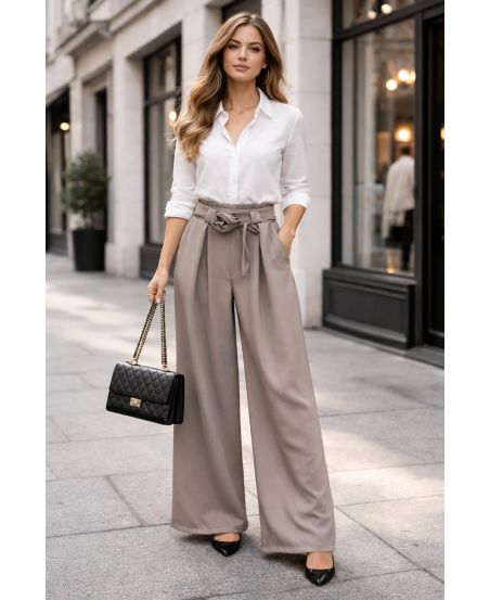 PANTALONI SMOCKED A GAMBA LARGA FLUENTE PE2216 TAUPE