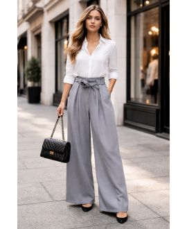 PE2216 GREY SMOCKED FLOWY WIDE-LEG TROUSERS