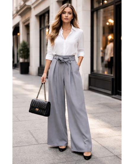 PE2216 GREY SMOCKED FLOWY WIDE-LEG TROUSERS