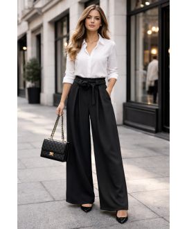 FLOWING WIDE-LEG SMOCKED TROUSERS PE2216 BLACK