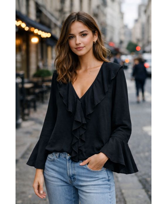 BLOUSE A VOLANTS PE2109 NOIR