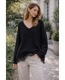 SOFT OVERSIZED SWEATER WITH LACE BASE PE2244 BLACK