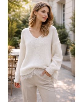 SOFT OVERSIZED SWEATER WITH LACE BASE PE2244 WHITE